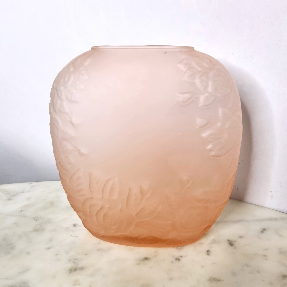 Pink Floral Vase Satin Glass Flower Oval Frosted Deco Nouveau Rose Embossed 20s
